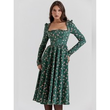 House of CB Delia Green Floral Print Midi Long-Sleeve Dress Size Small