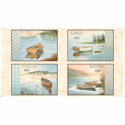 Row Boat Dock River Stream Nautical Cotton Fabric QT Tranquility 24''X44'' Panel