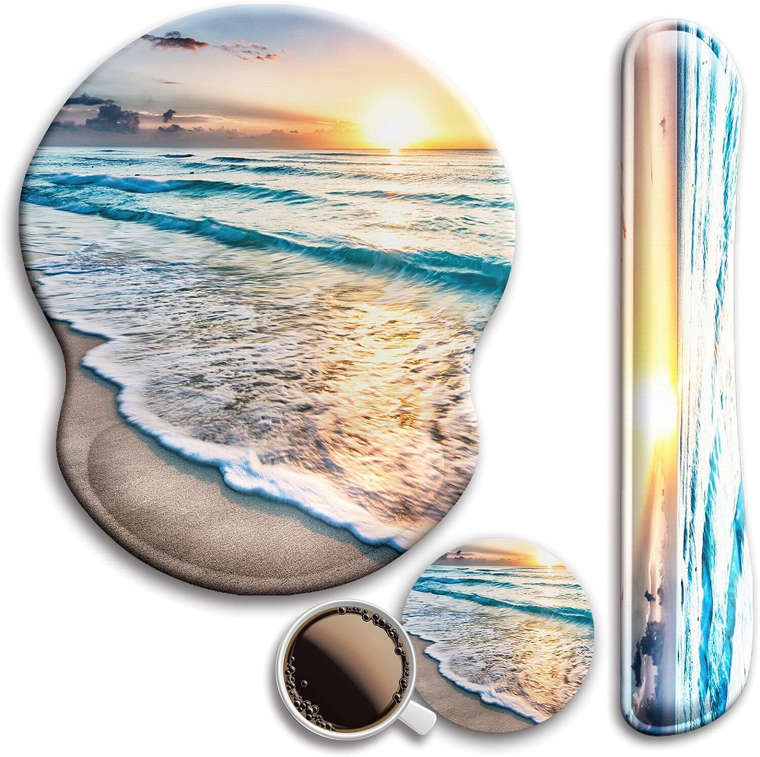Non-Slip PU Large Mouse Pad with Keyboard Wrist Rest Support - A-Beach Design-image