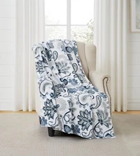 Jacobean Throw Blanket: Velvety Soft Fleece Accent Navy Damask Paisley NWOP