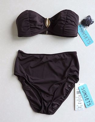 Sunsets 2 Pc Bikini Swim Shirred Bandeau Solid Brown Small NWT