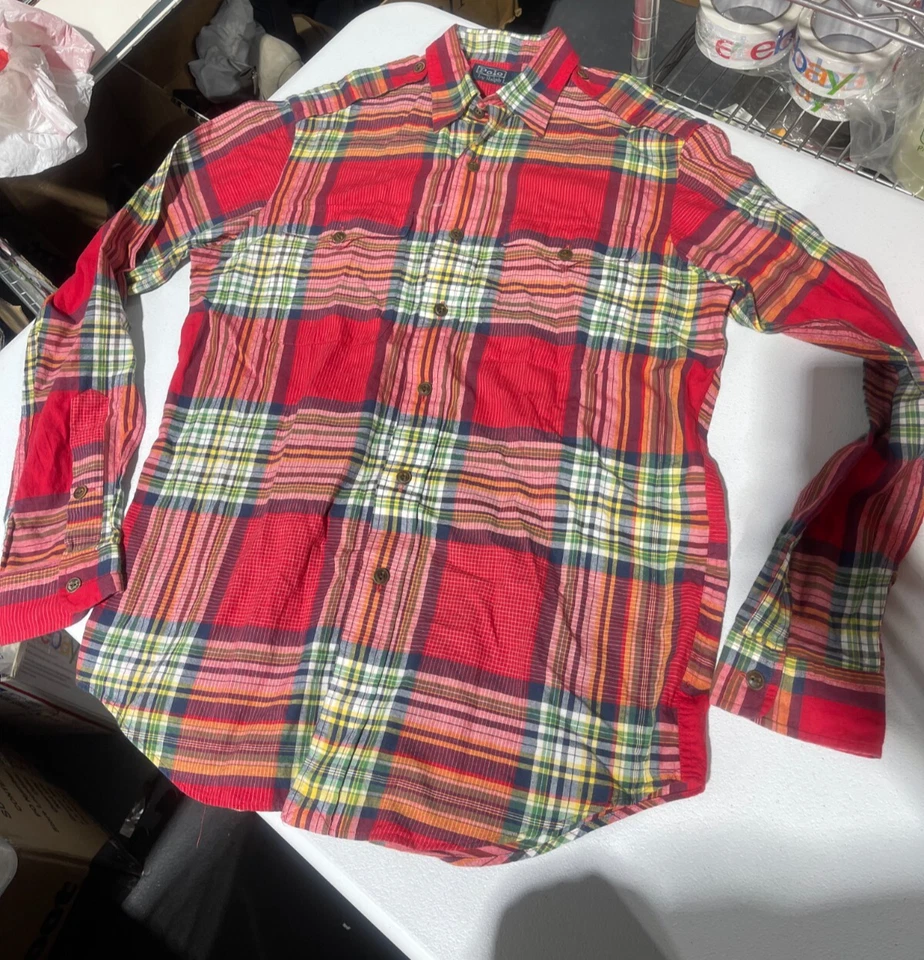 Polo Ralph Lauren Madras Camisa CPO Abotonada Algodón Rojo Cuadros Para Hombres Talla M Foto 3 de 4