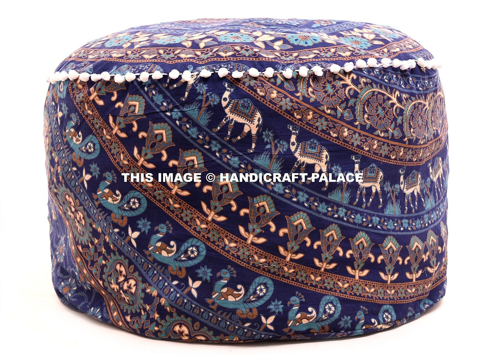 Indian Traditional Decorative Elephant Mandala Ottoman Pouf blue