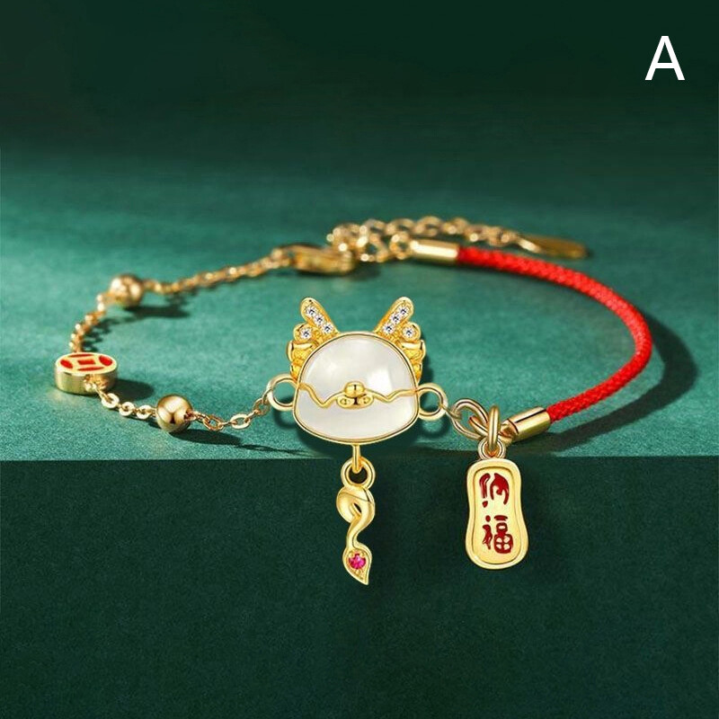 Lucky Red Rope Zodiac Dragon Bracelet For Women Handmade White Jade