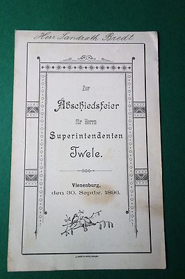 Speisekarte Programm Abschiedsfeier Superintendent Twele 1896 Vienenburg H.Bredt