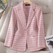 Autumn Women Elegant Long Sleeve Two Button Tweed Plaid Suit Jacket Coat Outwear
