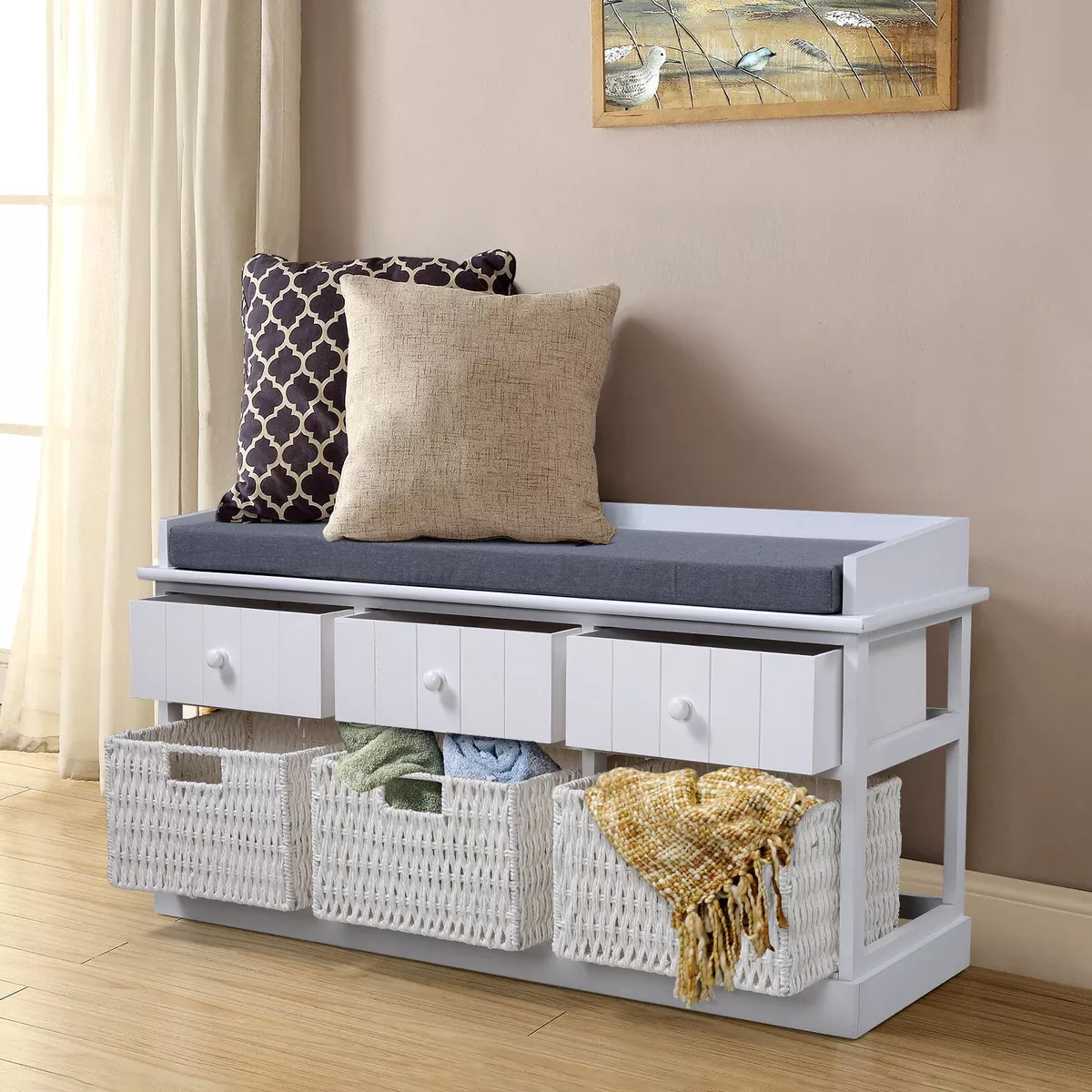 Wooden Shoe Storage Bench Cabinet Rack Hallway Cushioned Seat w 3 Drawer Basket