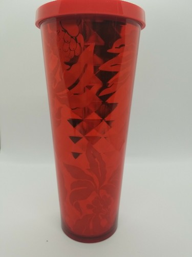 STARBUCKS Red Flowers Berries Abstract Faceted Print Cold Cup TUMBLER 24Oz - Picture 4 of 12
