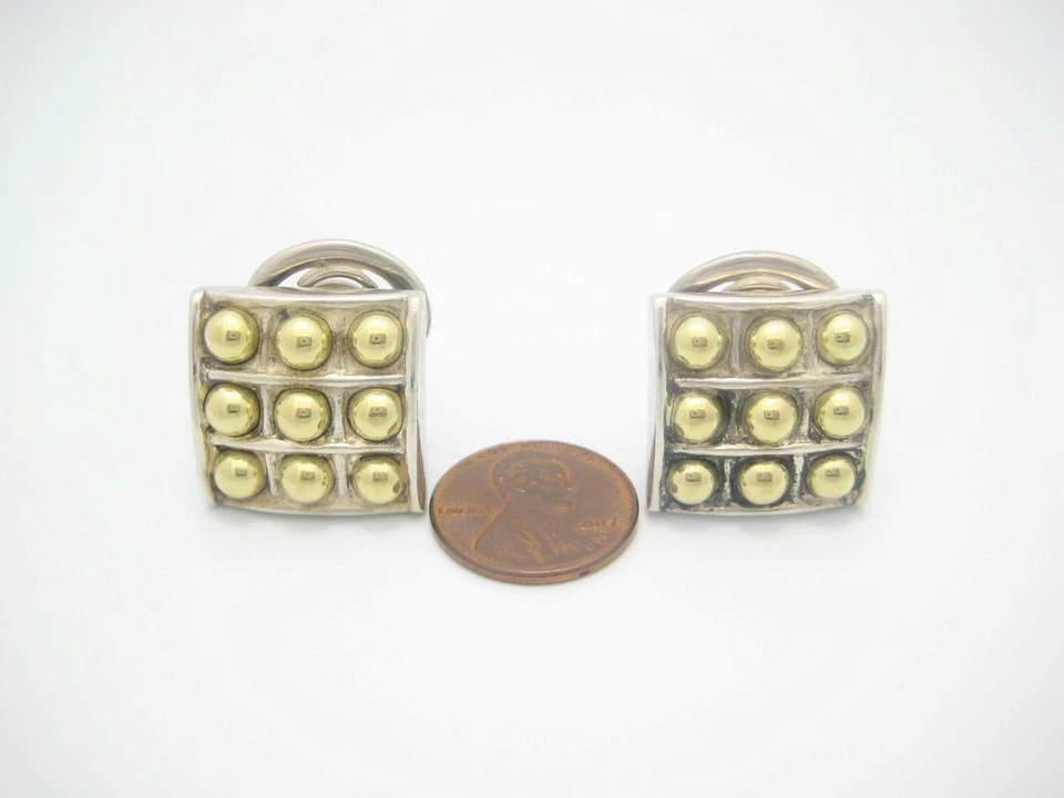 Lagos Caviar Sterling & 18k Yellow Gold Square Dot Omega Back Earrings - A - Image 2 of 4