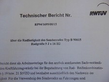 ABE und TÜV Gutachten für Alufelgen Borbet B 9x16 ET 15 KBA 41778 B 90615