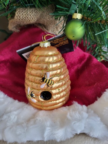 Robert Stanley Gold Beehive Bees Honeycomb Blown Glass Christmas Tree Ornament