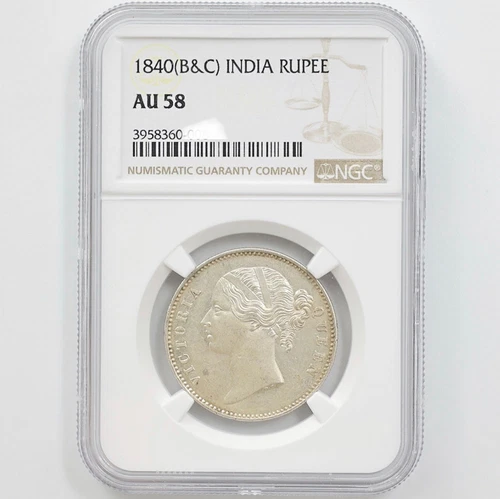 1840 India L(B & C)  RUPEE Silver Coin  NGC AU58