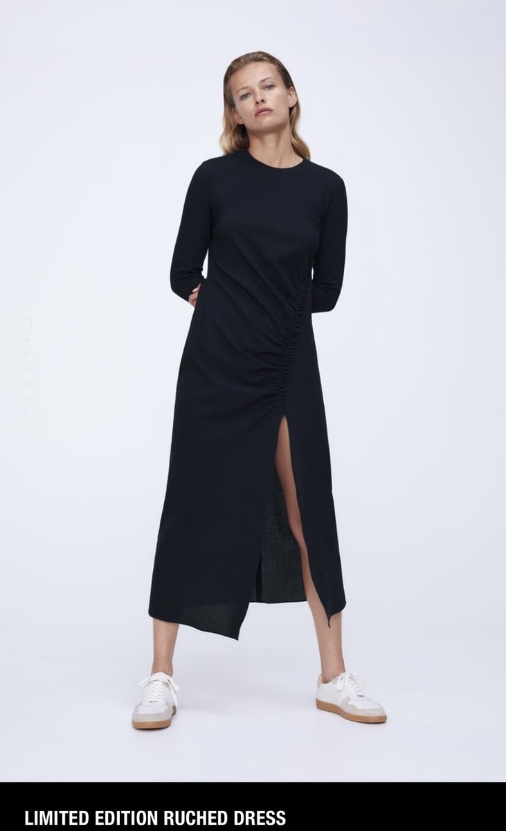 ruched dress zara NWT ZARA Dress Black Midi Ruched Long Sleeve M/L Asymmetrical Neck
