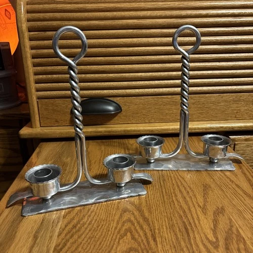 Pair Of Vintage BUENILUM Hand Forged Hammered Aluminum Candelabras￼