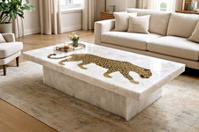 Mesa de centro de comedor de cuarzo blanco con incrustación de tigre arte hecho a mano muebles de lujo