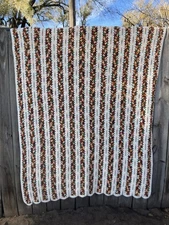 Vintage Crochet Afghan Lap Blanket Throw 49”x72” Browns Rust Orange White