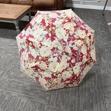 VTG Ralph Lauren Red Floral Print Umbrella W Wooden Cane Style Handle 40" Open
