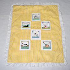 Baby Crib Quilt Lemon Yellow Plaid 6 Cross Stitch Baby Animals 30X25In