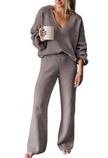 Sweater Lounge Sets for Women 2 Piece Knitted Sweatsuit Long Sleeve V Neck Sw...