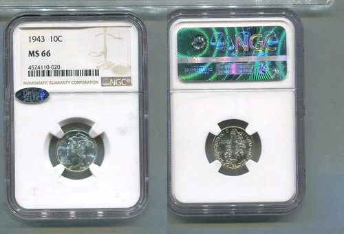 1943 P MERCURY HEAD SILVER DIME NGC MS66 6989T