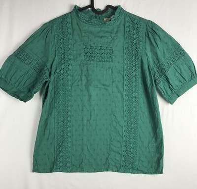 Universal Thread Blouse Womens Short Puff Sleeve Green Lace Crochet Boho Top S