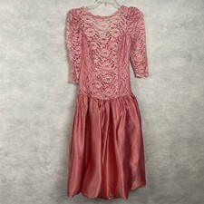 Vintage 80s Party Dress Pink Floral Lace Satin Sz 3/4P Prom Alicia Flaw