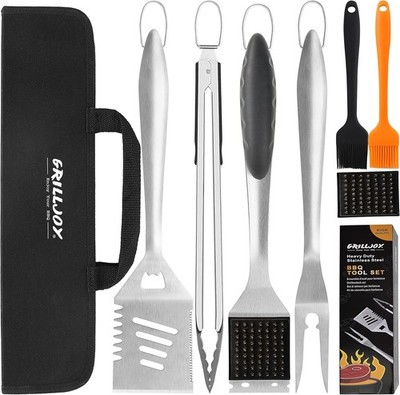 grilljoy 8-teiliges Grillwerkzeugset mit tragbarer Aufbewahrungstasche - Profi Silber 
