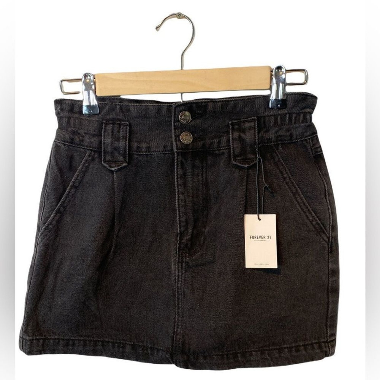 NEW Forever 21 Black Grunge Paper Bag Denim Mini Short Skirt Pockets - Size M
