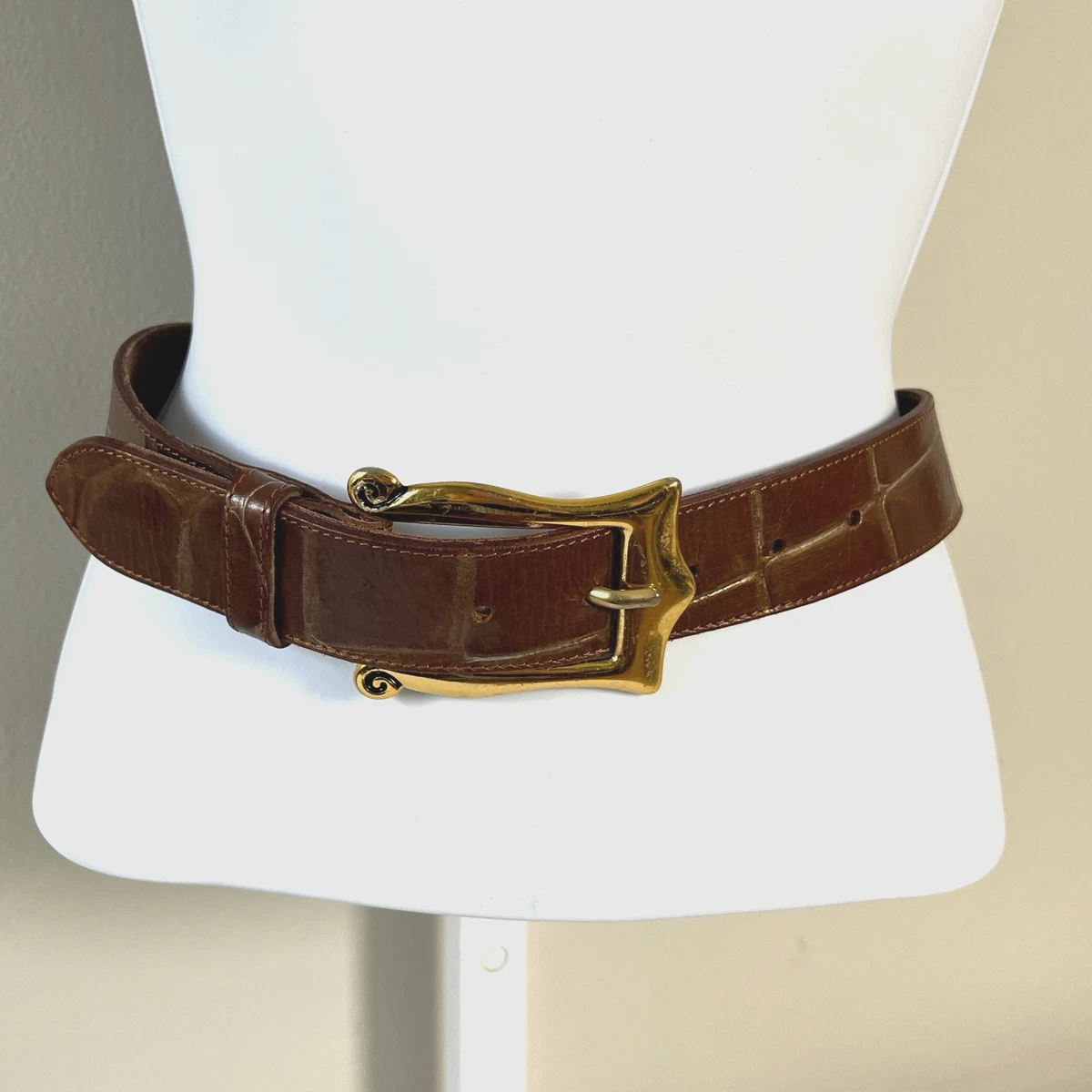 Linea Pelle Wide Braided Leather Waist Belt, Gold Buckle, taupe, EUC, 27-30 Linea Pelle Leather Gold Belts for Women for sale | eBay main image 3