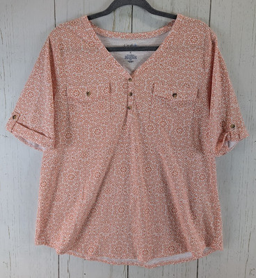 Croft Barrow Size XL Orange White Patterned Short Sleeve Front Pockets Top