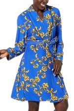 IMAN Global Chic Women's Soft Knit Robe Piping Detail Blue Scroll