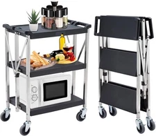 Portable Folding Service Cart 3 Shelf Stainless Steel for Office Home Warehouse