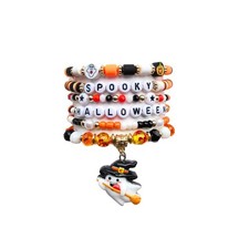 Halloween Beaded Stretch Bracelet Set, Spooky Ghost Charm Stack Bracelets, Orang