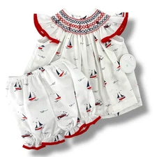 Edgehill Collection Smocked Bishop Dress Bloomers Set Sz 18 M Nautical Sail Boat