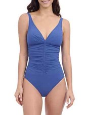 Gottex Blue Solo Ruched V-Neck One Piece Swimsuit L31172 Size 10D