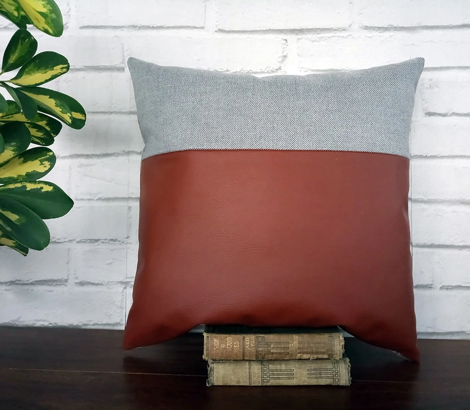 Taba color faux leather pillow decorative couch cushion cover 16''x16'' - Image 3 of 4