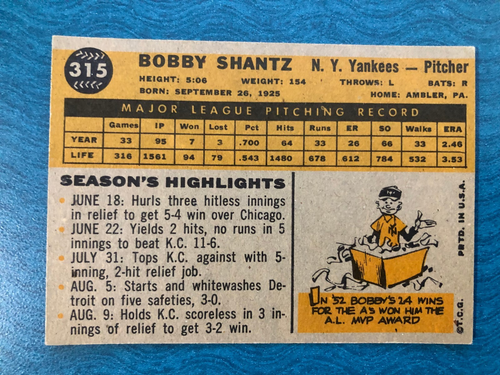 1960 TOPPS BASEBALL CARD BOBBY SHANTZ #315 (NM) - Foto 2 di 2