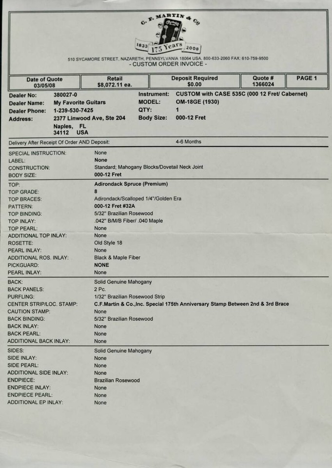 Acoustic Guitar Martin & Co. 00018 Custom Shop 175th Anniversary with