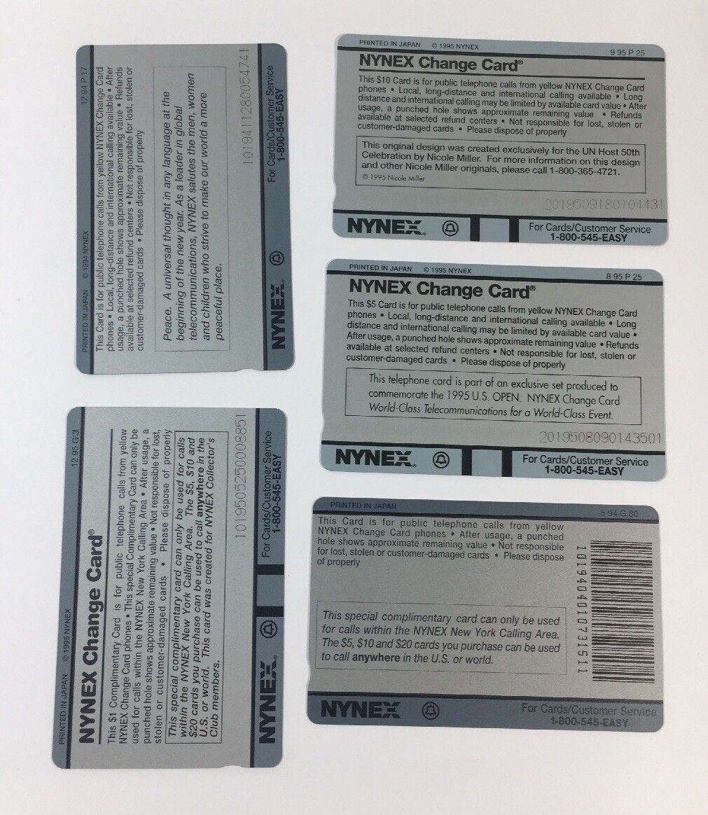 Lot Of 5 Nynex Change Cards Telecard 1995 Phone Cards Mint (7175