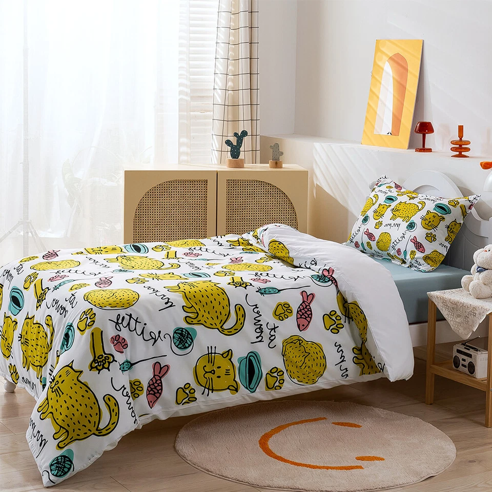 Juego de funda de edredón para niños con dibujos animados en 3D animales patrón de gato juegos de ropa de cama fundas de almohada Foto 4 de 4