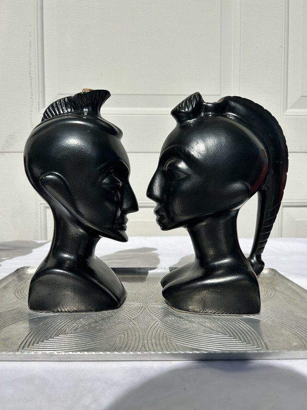 2 Vintage Luxardo Cherry Ardo Wine Decanter African Tiki Ceramic Sculptures Pair