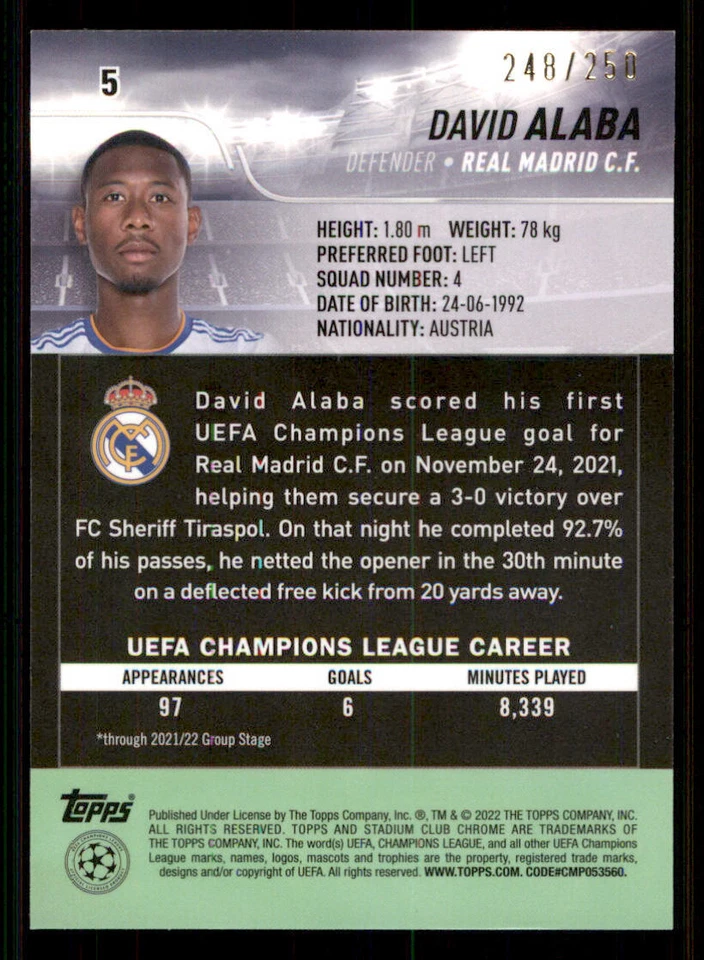2021-22 Stadium Club Chrome UEFA Aqua Wave Refractors #5 David Alaba /250 - Image 2 of 2
