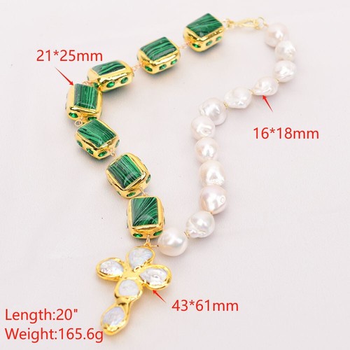 Natural White Baroque Pearl Green Malachite Necklace Coin Pearl Cross Pendant - Picture 9 of 9