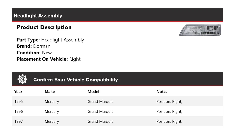 Conjunto de faróis direito 1996 Mercury Grand Marquis Dorman 1995-1997 - Imagem 2 de 4