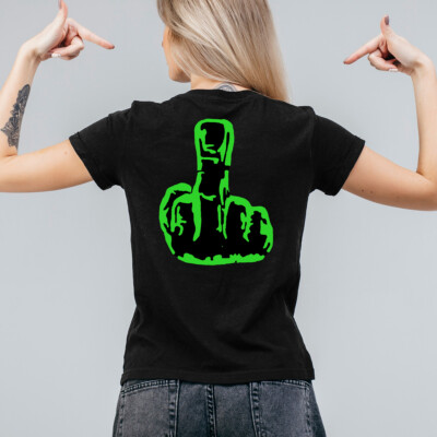 EAKS  Damen Girlie T-Shirt ''Middle Finger'' Mittelfinger Stinkfinger auf Rücken