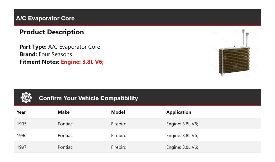For 1995-1997 Pontiac Firebird 3.8L V6 A/C Evaporator Core 4 Seasons 1996 - Image 2 of 4