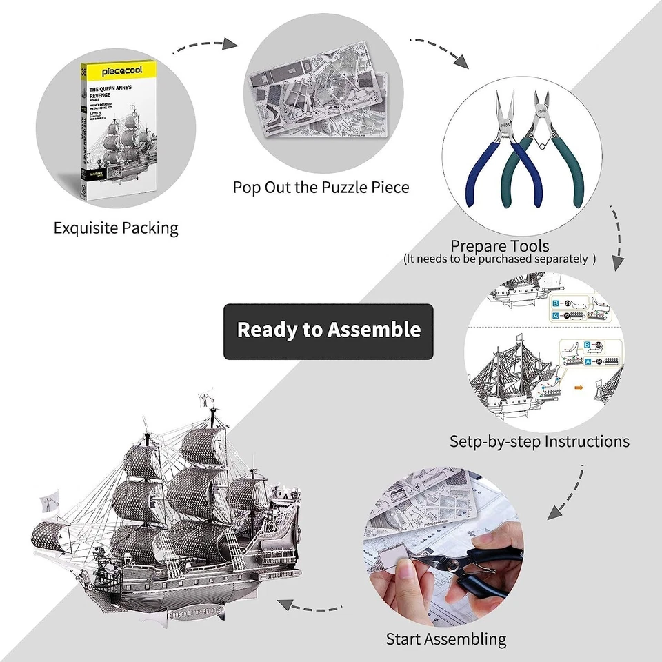 Nuevo Rompecabezas Modelo Barco Pirata Metal 3D Gris Acero Inoxidable 63 piezas Kit 63 piezas Foto 2 de 4