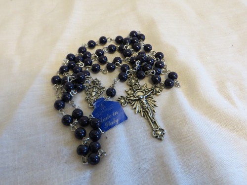 New Roman Catholic Lady of Fatima Rosary Made in Italy Blue Beads Silver Metal