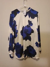 NWT Lane Bryant Blue Floral Long-Sleeve Back Zip Hook&Eye Mock-Neck Blouse Sz 22