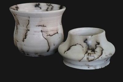 Set of 2 Signed Raku Horsehair Pottery Decorative Vessels Handmade